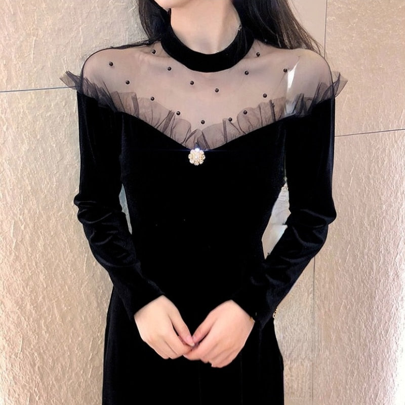 Drespot   Autumn Vintage Velvet Dress Women Lace Design Black Y2k Midi Dress Long Sleeve Evening Party Dress Dress Korean Fashion