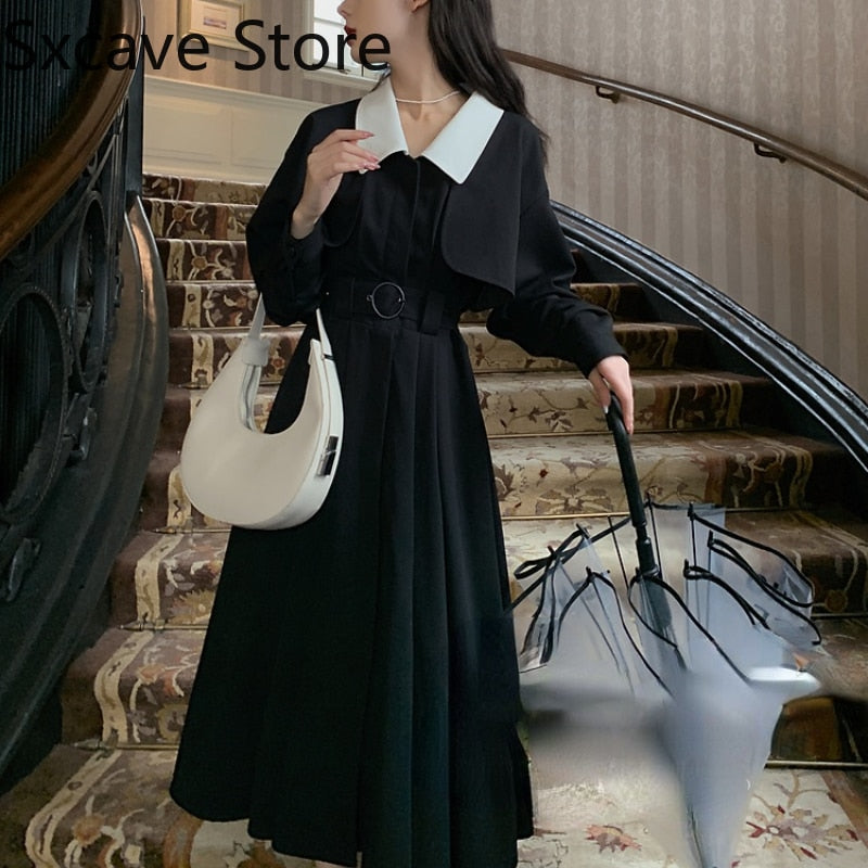 Drespot Elegant Black Midi Shirt Dress Women Gothic One Piece Dress Korean Fashion Y2k Vintage Trench Dress Office Lady Autumn  Chic