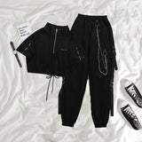 Deeptown Techwear Emo Women Black Cargo Pants Harajuku Gothic Chain Wide Leg Trousers Female Goth Streetwear Joggers Punk Grunge