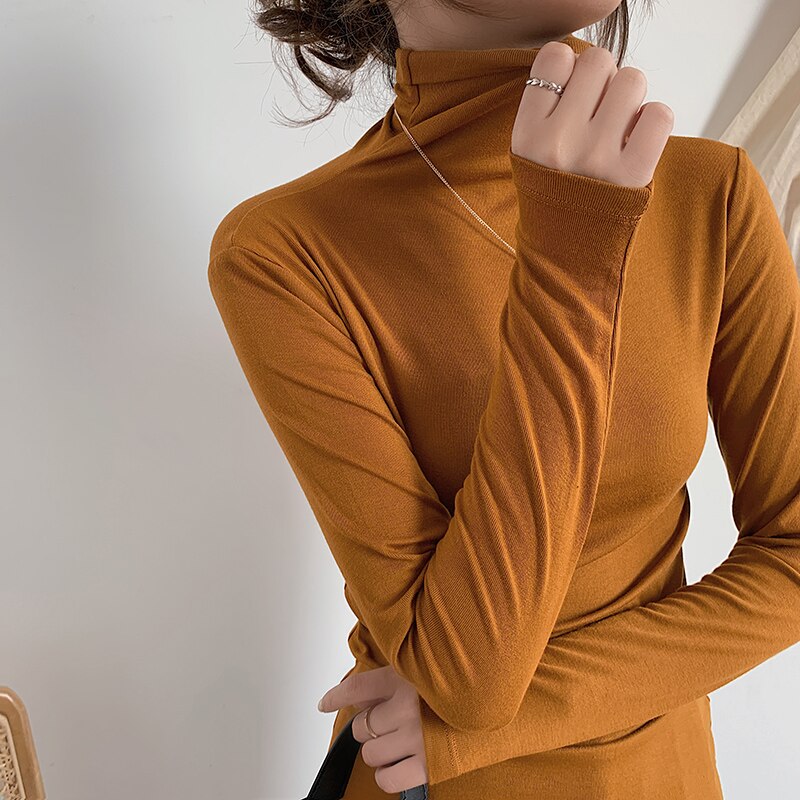 Drespot  New Winter Velvet T-shirts Vintage Classic Turtleneck Long Sleeve Slim Minimalism Solid Color Warm Pullovers Tops