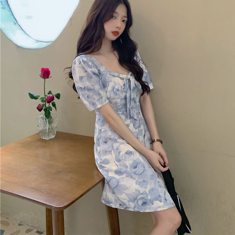 Women Dresses Short Sleeve Elegant Above Knee Female Retro French Style Gentle Bow A-line Floral Ulzzang Square Collar S-3XL New