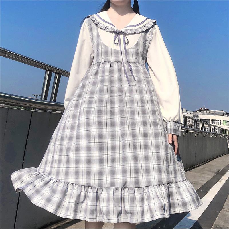 Kawaii Plaid Dress Women Lolita Preppy Style Long Sleeve Dress Japanese Ruffles Patchwork  Spring Autumn Outfits