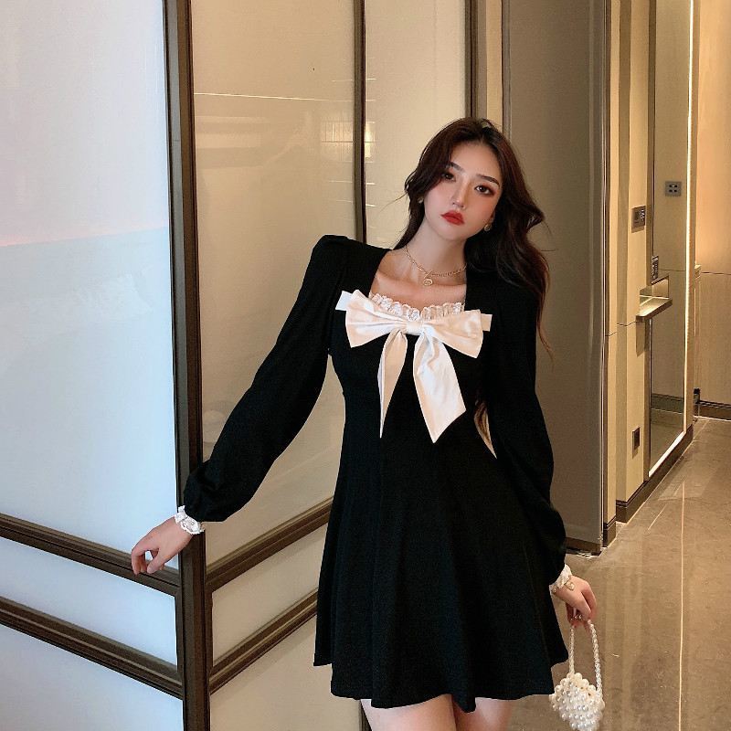 Black Lace Patchwork Mini Dress Women Kawaii Bow Long Sleeve Preppy Style  Quare Collar Dress Sexy Korean Style Fashion