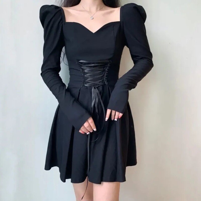 Drespot Vintage Bandage Black Mini Dress Women French Puff Sleeve Square Collar Short Dresses Bodycon Wrap Party Korean Style