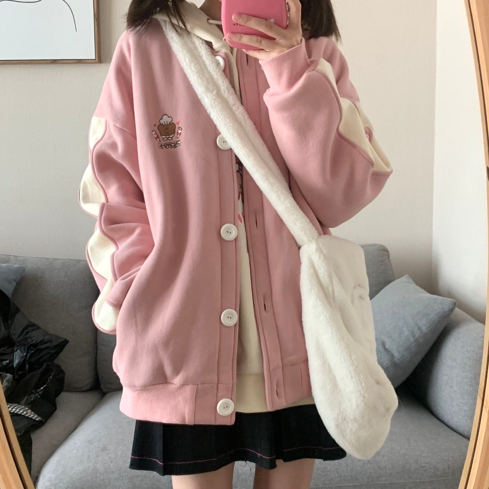 Drespot Japanese Kawaii Pink Hoodies Women Soft Girl Sweet Preppy Style Cute Cartoon Zip Up Sweatshirt Student Clothes  Autumn