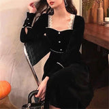 Drespot Winter Vintage Black Velvet Dress Women Casual Elegant Long Sleeve Gothic Party Midi Dress Female  One-piece Dress Korean D8525