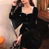 Drespot Winter Vintage Black Velvet Dress Women Casual Elegant Long Sleeve Gothic Party Midi Dress Female  One-piece Dress Korean D8