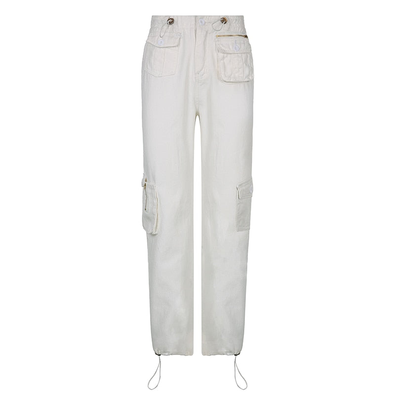 Multi Pockets White Cargo Pants Women Adjustable Low Waist Baggy Wide Leg Jeans Oversized Casual Trousers Retro Bottoms Iamhotty