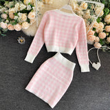 Drespot  Korean Sweet Knit Plaid Cardigans + Camisole + Skirts 3pcs Sets Girls Short Sweater Coat + Vest + Mini Skirt Suits Women Outfits