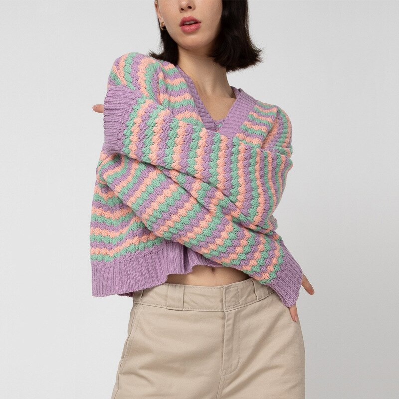 Drespot Thanksgiving Pastel Striped Cardigan V-Neck Button Up Crop Soft Knit Cardigan Y2K Aesthetic E-Girl Women Streetwear