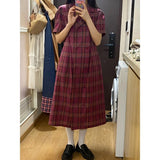 Short Sleeve Sweet Style Plaid Notched Spring Summer Dress Women Comfortable Korean Style Cute Loose Patchwork Fashion Students