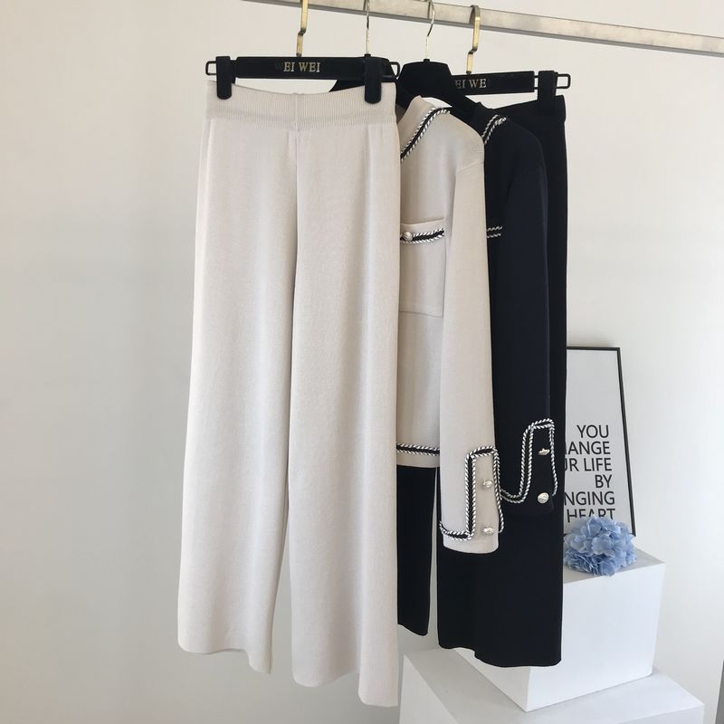 Drespot   New Autumn Korean Color Block Round Neck Double Pocket Knit Cardigan Top + Loose Wide Leg Pants Two-Piece Pants Set Women