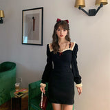 Long Sleeve Dress Women Kawaii Bow Lace Patchwork Mini Dresses Sexy Bodycon Sweet Square Collar Spring Autumn Streetwear