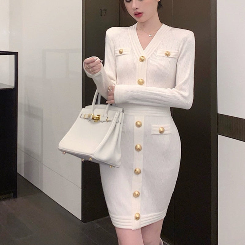 Drespot  French Small Fragrance Knitted Sweater Dresses For Women Long Sleeve Sheah Bodycon Robe Femme Autumn Winter Vintage Mini Dress