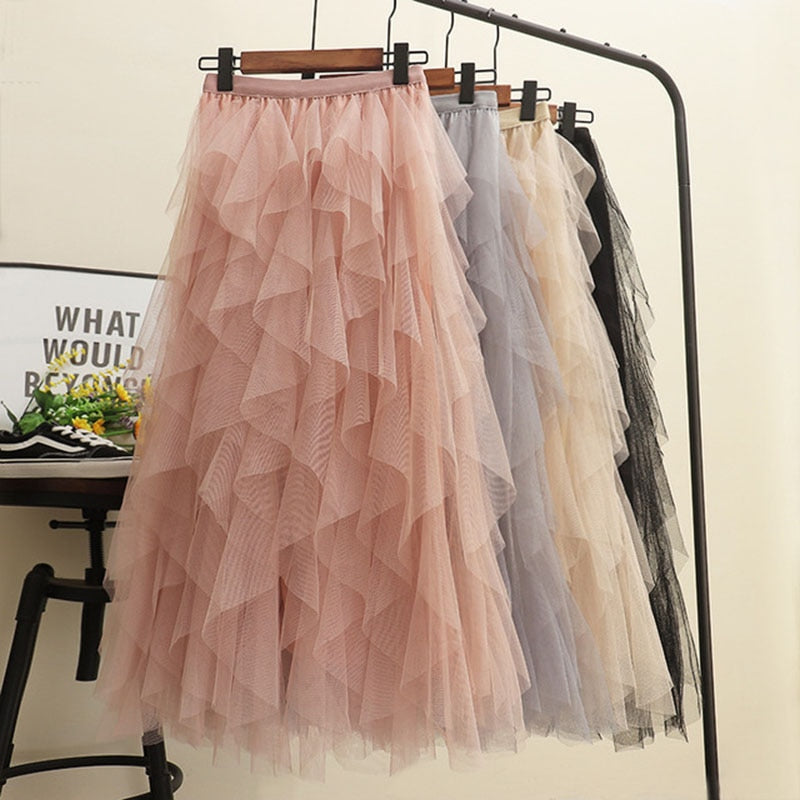 Tutu Tulle Long Maxi Skirt Women Fashion  Korean Cute Pink High Waist Pleated Skirt Mesh Female Lady Aesthetic Faldas