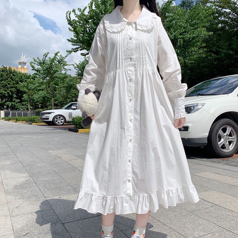 Drespot White Dress Women Kawaii Ctue Sweet Midi Dresses Ruffle Casual Japanese Preppy Style Peter Pan Collar Long Sleeve Robe