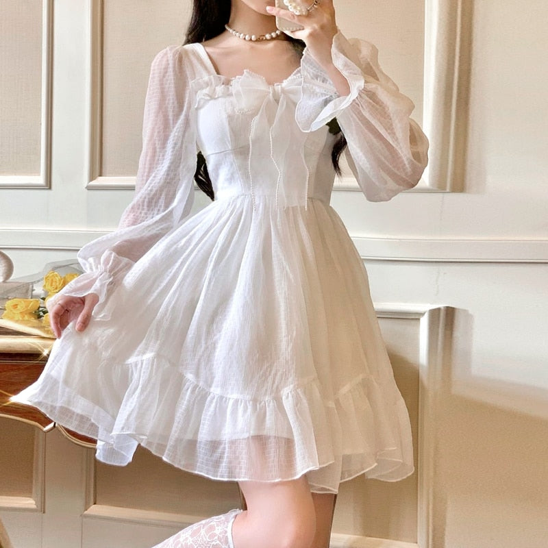 Drespot French Sweet Fairy Lolita Dress Women Long Sleeve Lace Y2k Mini Dress Vintage Kawaii Clothes One Piece Dress Korean  Autumn