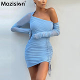 Drespot Mesh Drawstring Ruched Dress For Women One Shoulder See Through Mini Dresses Ladies Sexy Party Clubwear Dress Vestidos