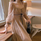 Drespot  French Vintage Midi Dress Women Puffer Sleeve Square Collor Office Elegant Dress Female  Autumn Dot One Piece Dress Korean