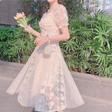 Short Sleeve French Elegant Midi Dresses Women Floral Design Sweet Vintage Dresses Korean Style Evening Party Dress Females