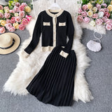 Drespot  High Quality  Spring Fall Knit 2 Piece Set Women Office Lady Single Breasted Sweater Cardigan + Pleated Long Skirt Suit Sets
