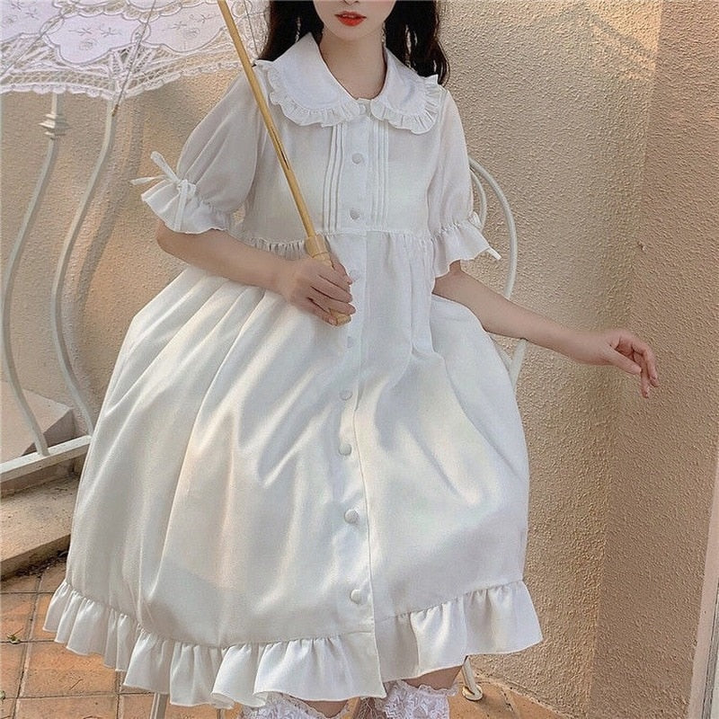 Drespot White Kawaii Lolita Dress For Girls Soft Princess Fairy Peter Pan Collar Dress Japanese Style Cute Puff Sleeve Party Dress
