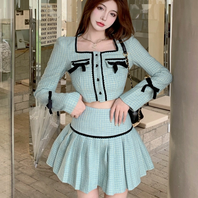 Drespot  High Quality Fall Fashion Sweet Tweed 2 Piece Set Women Short Jacket Coat Crop Top + Skirts Sets Small Fragrance Two Piece Suits