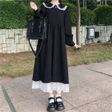 Drespot  Kawaii Lace Patchwork Dress Women Autumn Long Sleeve Preppy Style Sweet Dresses Black Lolita Peter Pan Collar Goth