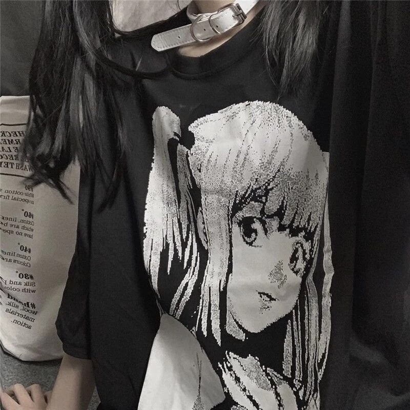 Drespot Anime Graphic T Shirts Women  Summer Japanese Style Alt Clothes Aesthetic E Girl Top Mujer Black Gothic Tee Shirt