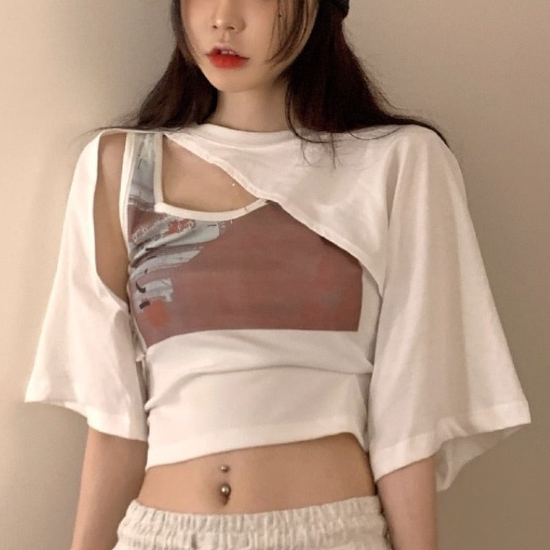 Drespot Y2k Crop Tops Ladies Korean Blouse Woman New Collection  Autumn Short Sleeve Short Tshirts Elegant Korean Style 2 Piece Set