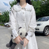 Drespot White Dress Women Kawaii Ctue Sweet Midi Dresses Ruffle Casual Japanese Preppy Style Peter Pan Collar Long Sleeve Robe