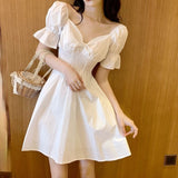Drespot White Puff Sleeve Dress Woman Summer  Korean Off Shoulder Ruched Casaul Mini Dress Vintage Party Draped Robe Sundress