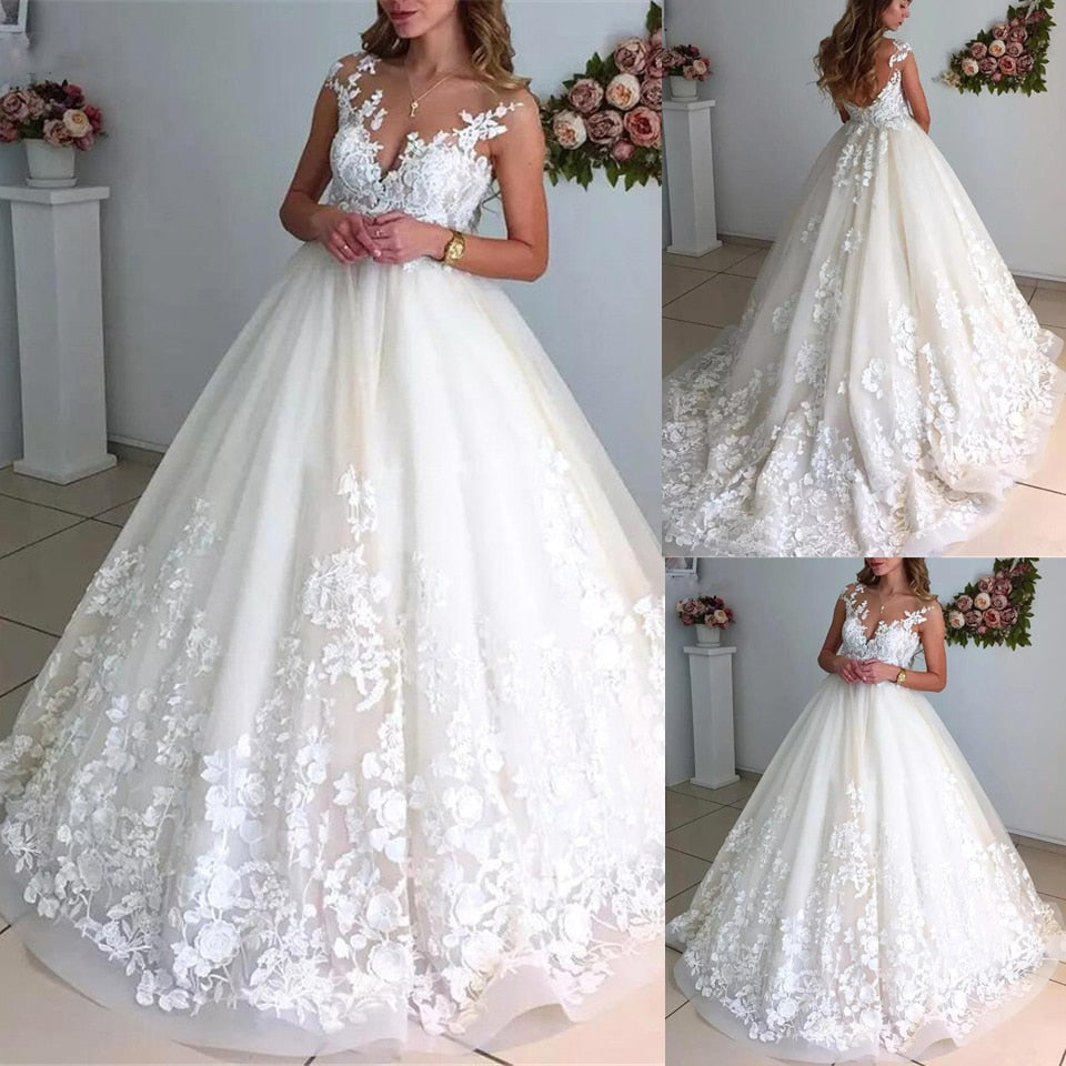 Ball Gown Illusion Scoop Wedding Dresses with Cap Sleeves Sexy Sleeveless V Back Lace Appliques Bridal Gowns Robe de Mariee