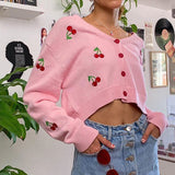 Drespot Thanksgiving Soft Girl Pink Cherry Cardigan Cute Embroidered Crop Knit Sweater Aesthetic Y2K Clothes