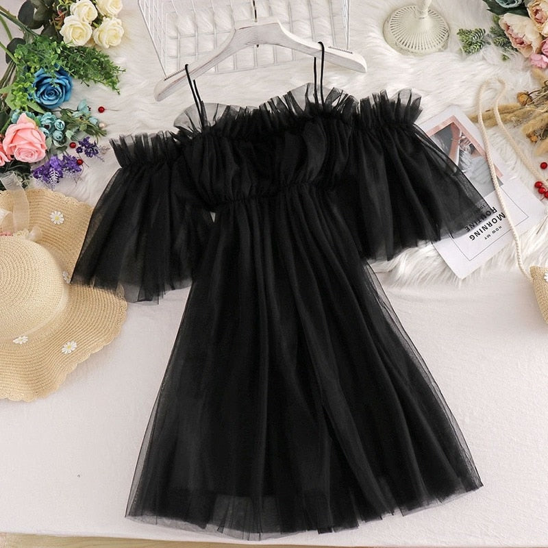 Drespot Mesh Fairy Dress Women Sundress Summer Spaghetti Stap Slip Elegant Off Shoulder Black Dress Sweet Kawaii Cute  Fashion