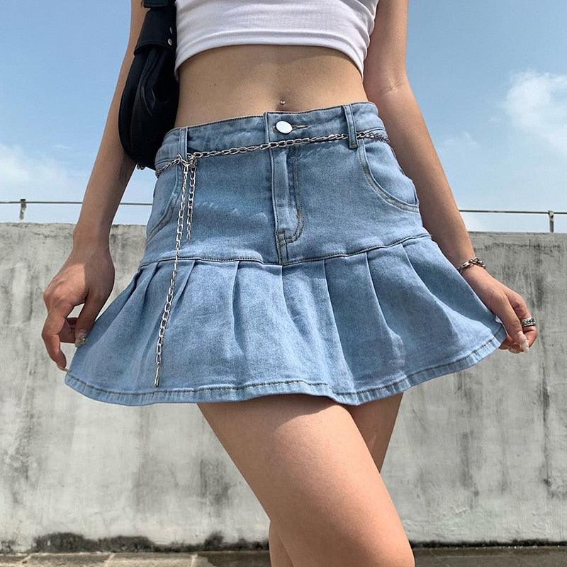 Drespot Women Jean Mini Skirt Y2K Ruffle Pleated Denim Short Skirt E-Girl Aesthetic Grunge Outfit