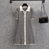 Drespot  New Summer Elegant Striped Knitted Sweater Dress Women Korean Casual Single Breasted Mini Dress Vintage Robe Femme Pull Vestidos