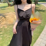 Drespot Black Slip Long Dress Women  Summer Sundresses Vintage Elegant Backless Sexy Dress Mori Girl Ladies Dresses for Women