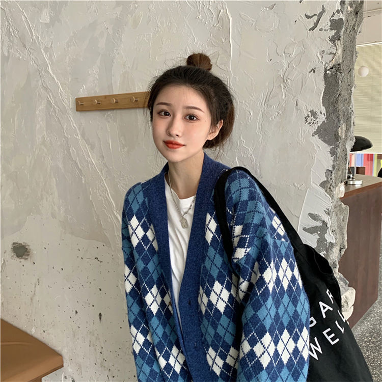 Korean Style Argyle Plaid Knitted Cardigan Sweater Women Oversize V-neck Jumper Autumn Single Breasted Jackets Female