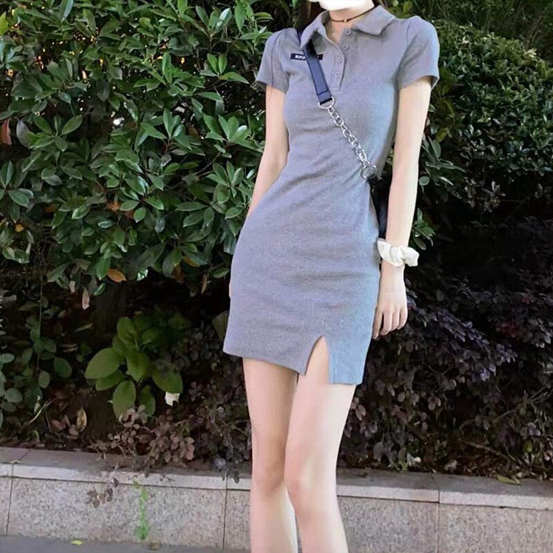 Casual Short Sleeve Slit Sexy Polo Collar Mini Dresses for Women Fashion Streetwear Cute Solid Y2K Party Clothing Autumn
