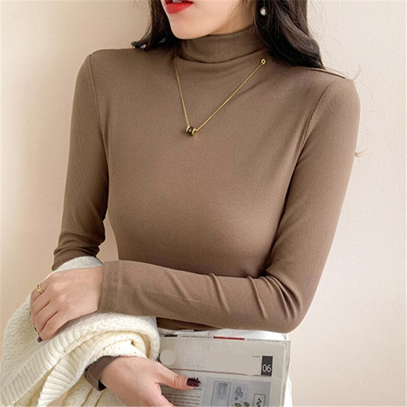 Drespot  New Winter Women's T-Shirts Korean Style Bottom Long Sleeve Solid Color Casual Shirt Ladies Knitting Tops Female