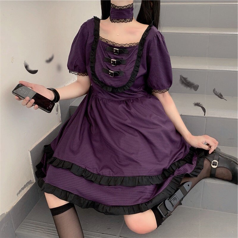 Gothic Lolita Dress Summer Purple Plaid Kawaii Dress Japanese Harajuku Women Elegant Sweet Lace Ruffles Punk Outfits