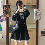 Black Lace Patchwork Mini Dress Women Gothic Bandage Korean Fashion Preppy Style Square Collar Long Sleeve Dresses