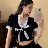 Drespot  Black Gothic Lolita Style 2 Piece Set Women Vintage Victorian Bow Lace Patchwork Ruffles Crop Tops Mini Skirts Girls Punk Outfit