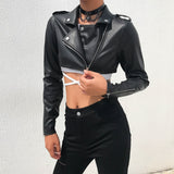 Iamhotty Black PU Leather Crop Jacket Street Wear Punk Style Womens Coats Long Sleeve Turn-Down Zipper Short Jacket 2019 Fashion