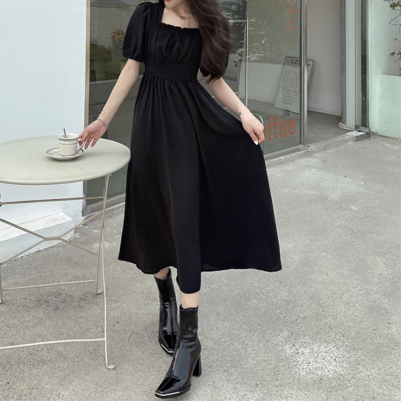 Drespot Black Vintage Midi Dress Elegant Women Dresses Square Collar Puff Sleeve Oversized Loose Casual Sundress Female Robe