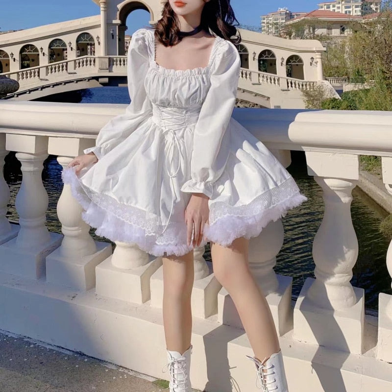 Drespot Lolita Dress Party Evening Women Vintage Lace Y2k Mini Dress Female Kawaii Clothing  Spring One Piece Dress Korea White