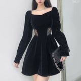 IAMHOTTY Waist Lace Hollow Out Velvet Dress Women Black Party Evening Dress Korean Fashion A Line Mini Robe Elegant Outfit Cute