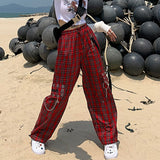 Drespot Red Plaid Punk Pants Women Streetwear High Waist Checked Steampunk Indie Chain Cargo Pants Women Grid Pants for Women
