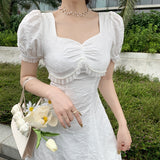 Vintage Bow V-Neck Korean Dress for Women Puff Sleeve Sexy Woman Dress Elegant Fairy White Long Dresses Summer  New Clothes